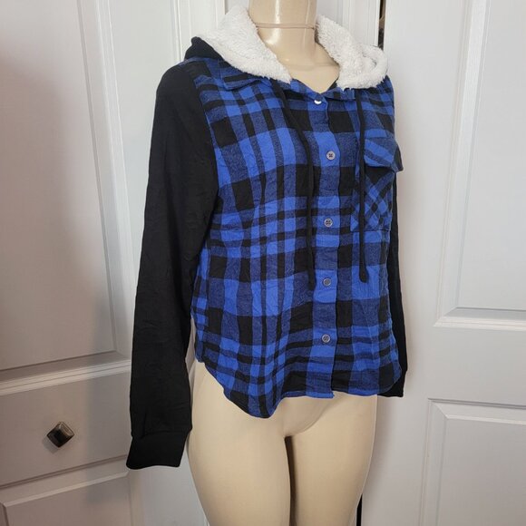 NOBO NO Boundaries Blue/Black Flannel Button Down Hoodie w Fleece Lining - Picture 4 of 9